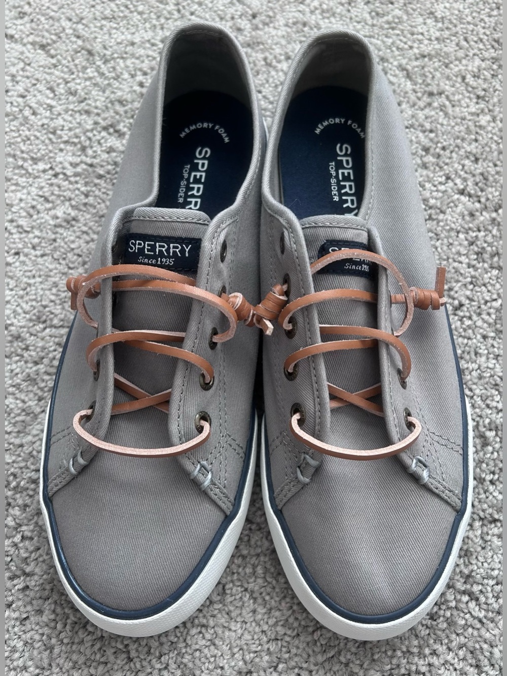 Sperry Gray Canvas Boat Shoes with Brown Leather Laces, Womens, Size 8.5